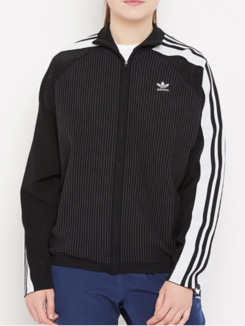Adidas Originals Ribbed Knit Track Jacket - Black & White Three Stripe Zip Up -
